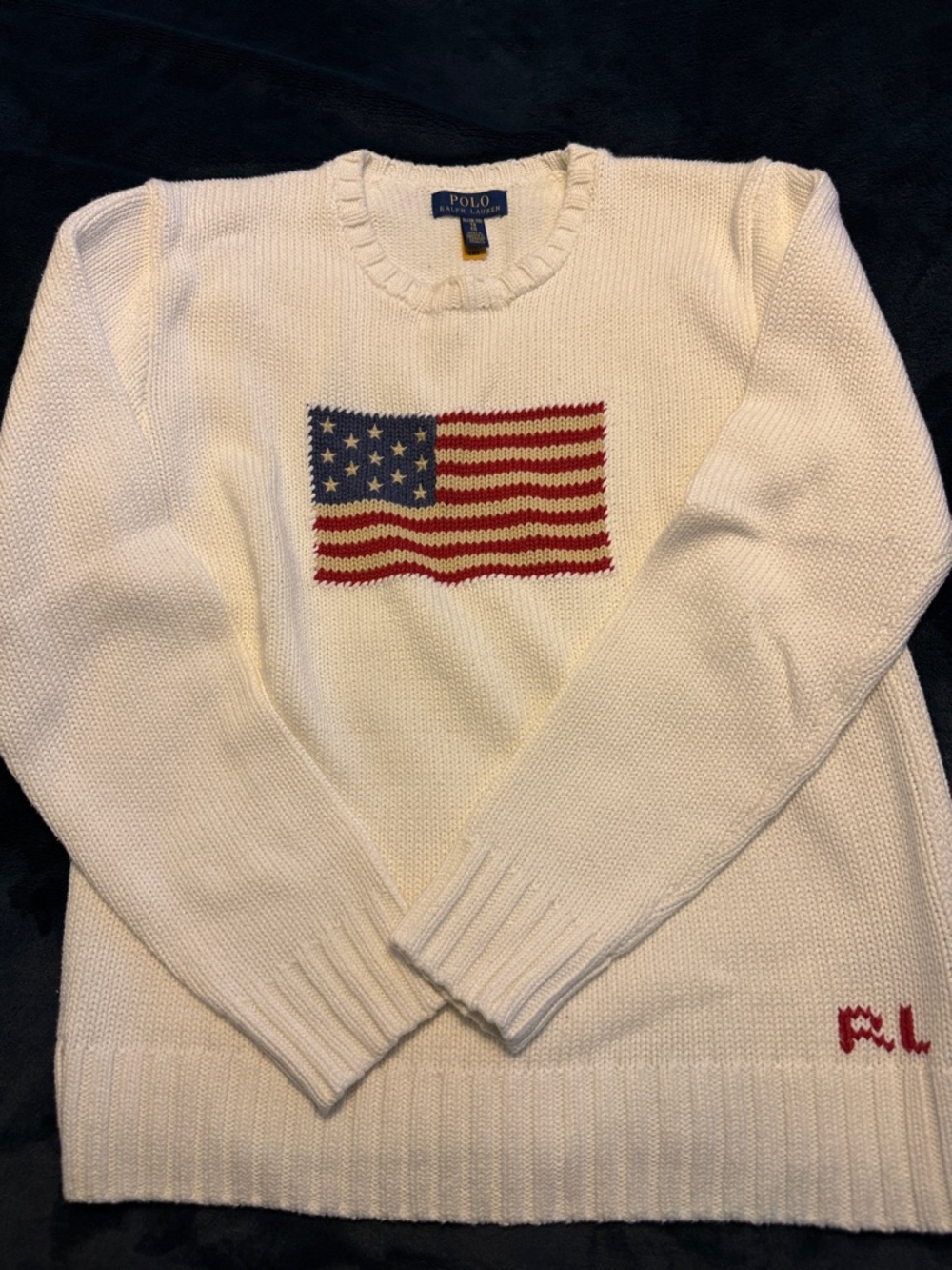 Polo by Ralph Lauren Cream Crewneck Sweater w/ American Flag Knit Boys XL 18-20